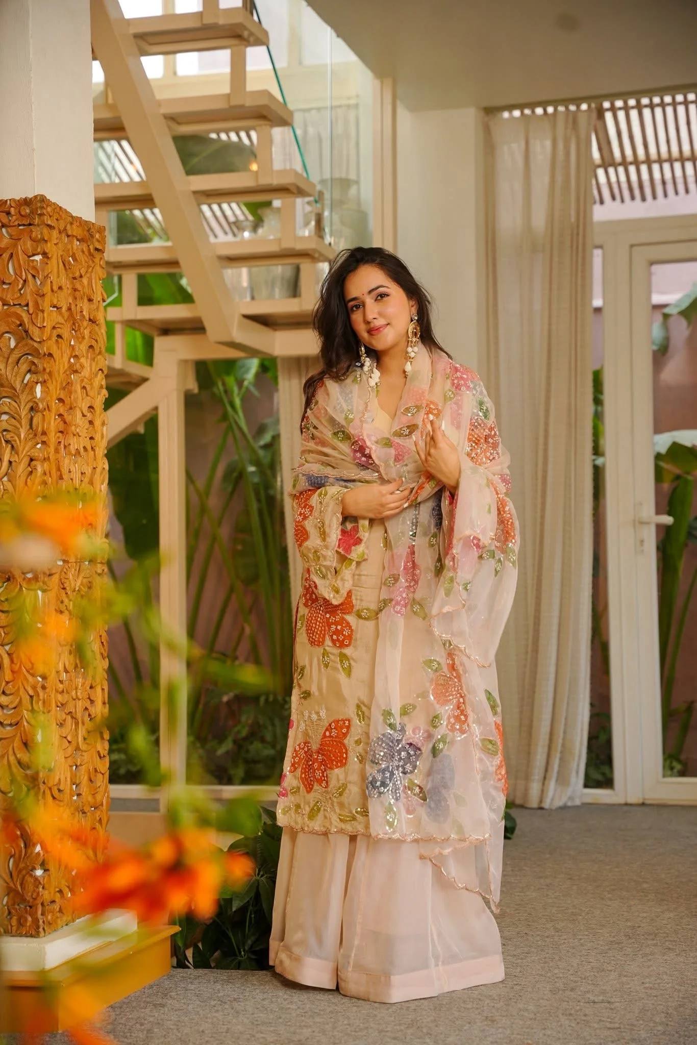 Urban Cream Pastel-Embroidered Sharara Set